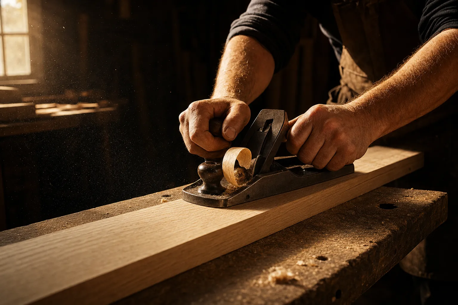 A carpenter planing a white oak board, curled shaving lifting in a shaft of workshop light