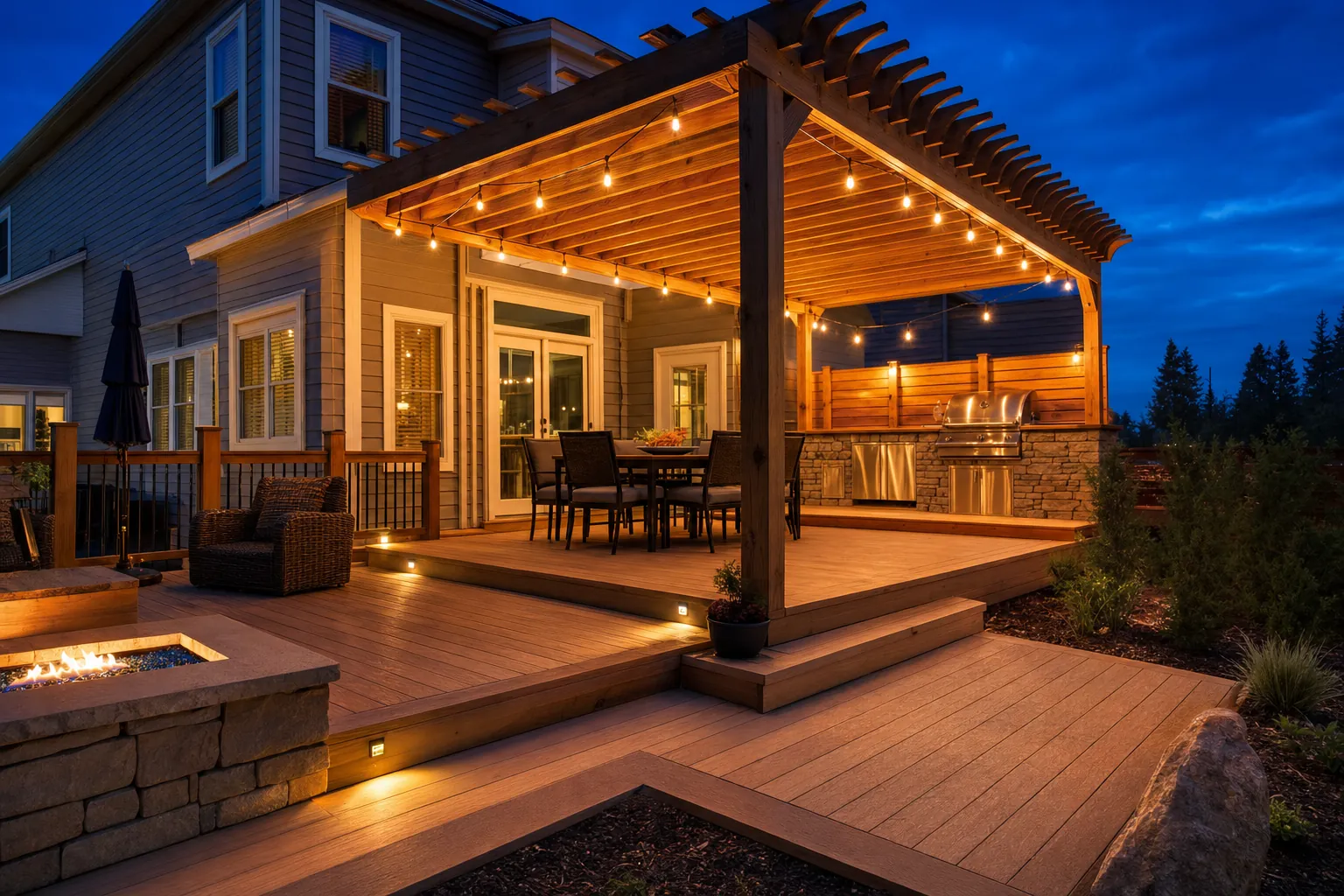 Cedar deck with pergola and string lights glowing at dusk behind a suburban home
