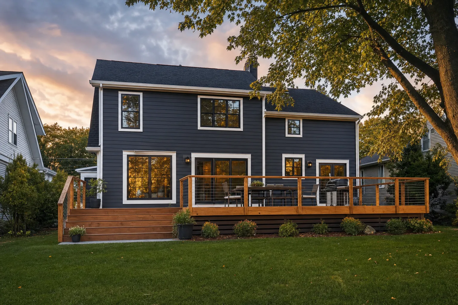 Two-story home with new charcoal siding, white trim and a newly built cedar deck at golden hour