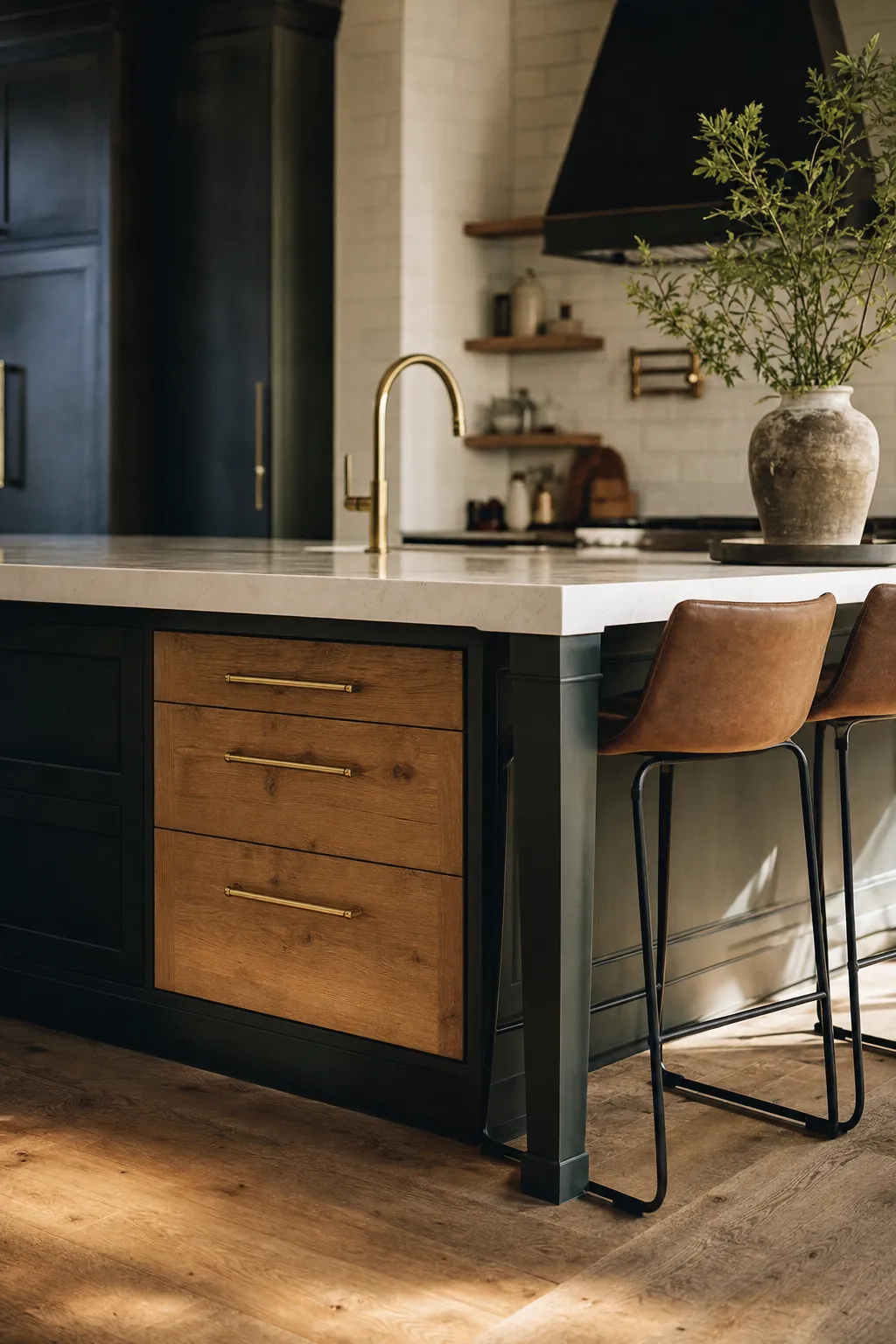 Custom kitchen island with oak drawer fronts, brass pulls and a stone waterfall counter